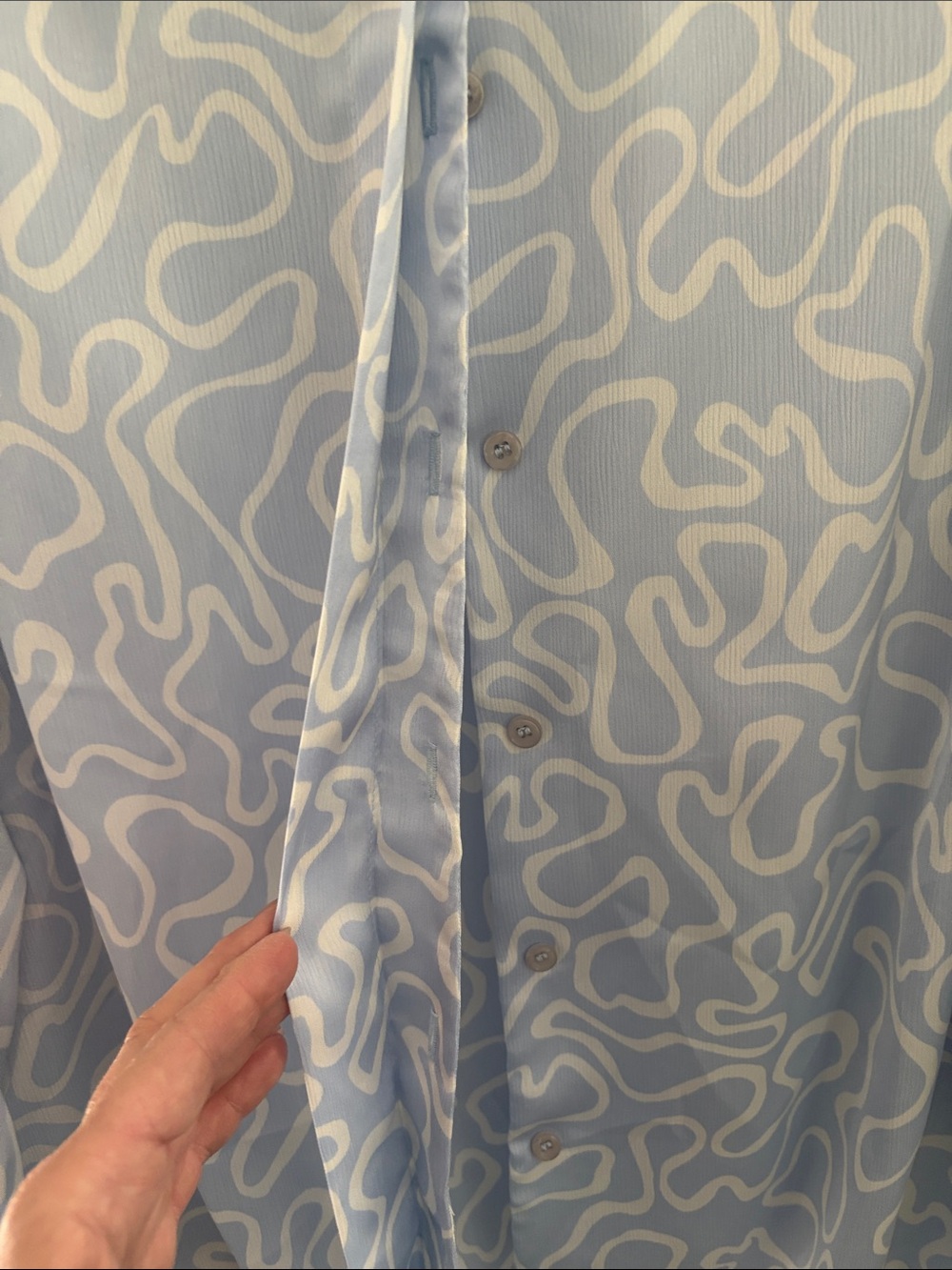 Abstract-Print Light Blue Button-Front Blouse - Picture 2 of 5